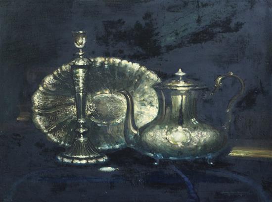 Henry John Dykman (1893-1972) Still life of silverware on a sideboard 18 x 24in.